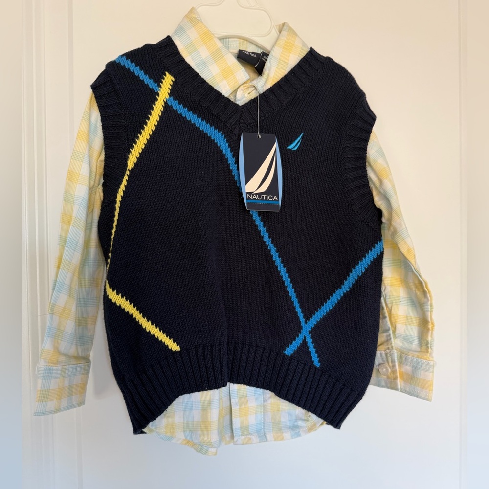 NWT. Nautica Navy Sweater Vest with Plaid Shirt - 24M